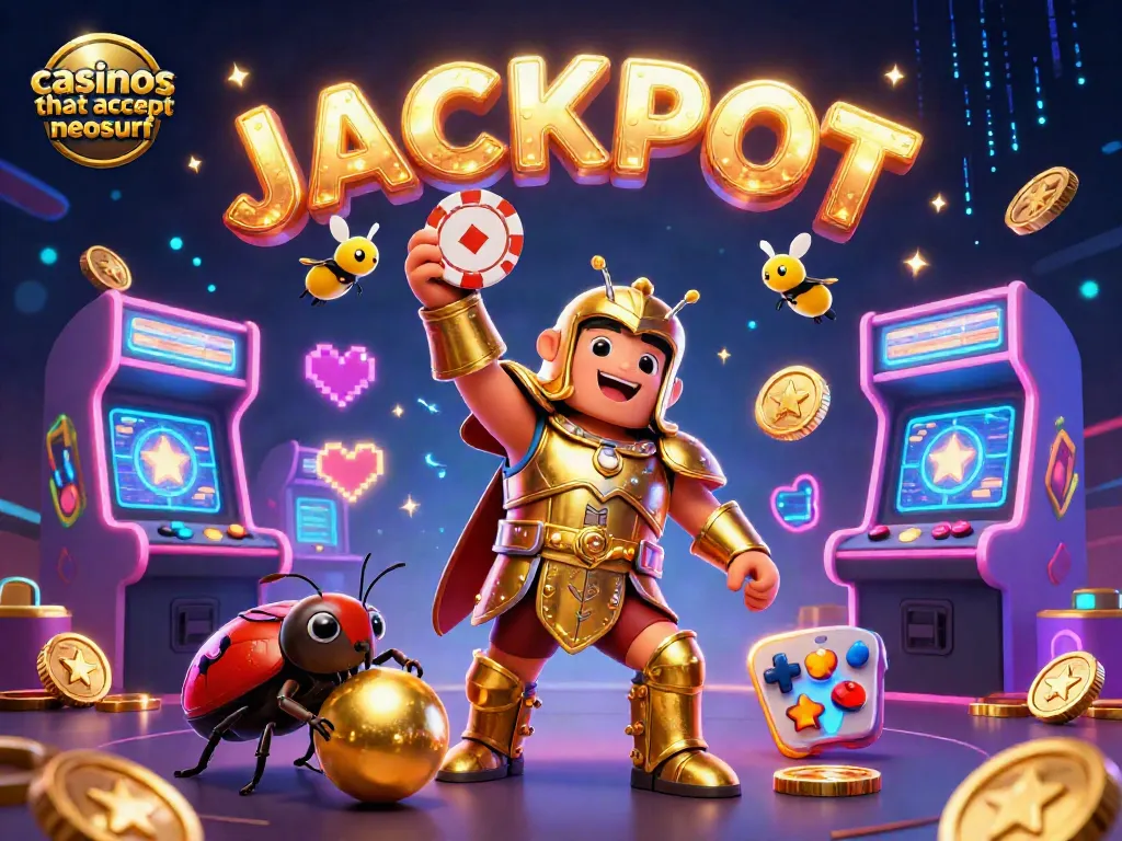 Experience thrilling wins at casinos that accept neosurf with this vibrant 3D scene showcasing a victorious beetle in a casino setting.