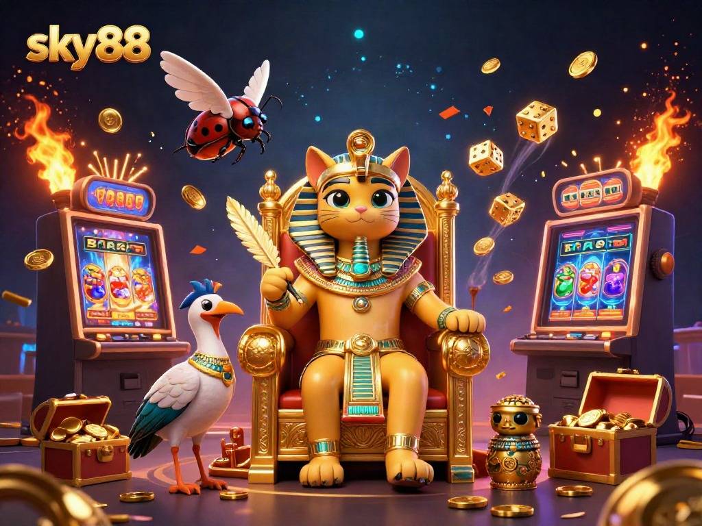 Experience jackpot thrills with sky88's vibrant casino illustration featuring a pharaoh cat and more.