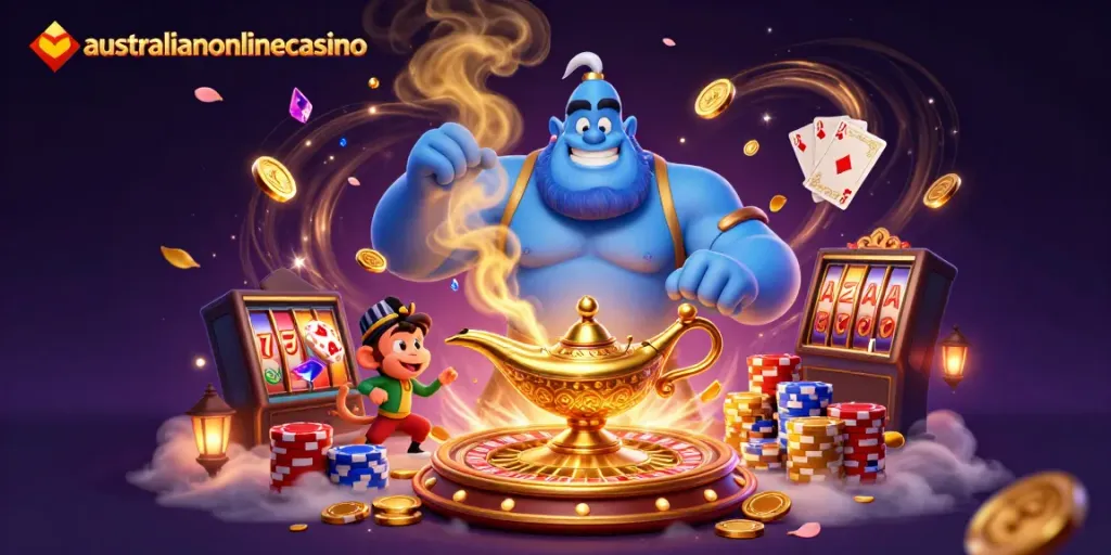 Dynamic casino scene showcasing the australianonlinecasino experience with a genie, monkey, and poker elements.