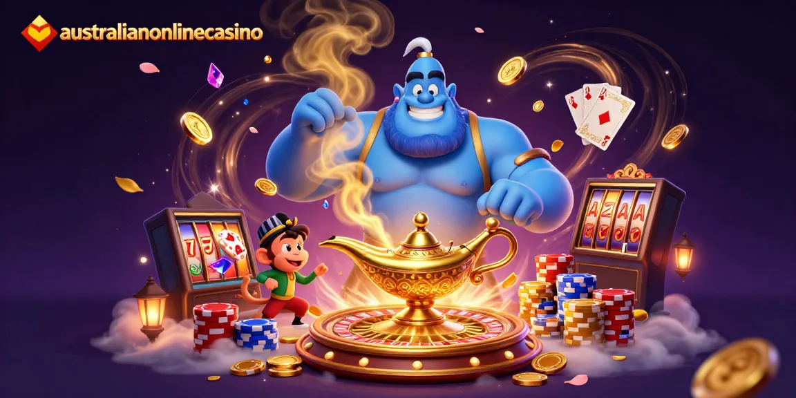Dynamic casino scene showcasing the australianonlinecasino experience with a genie, monkey, and poker elements.