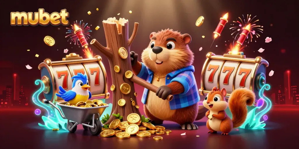 Spin the reels with mubet as a cartoon beaver collects gold coins in a vibrant casino scene.