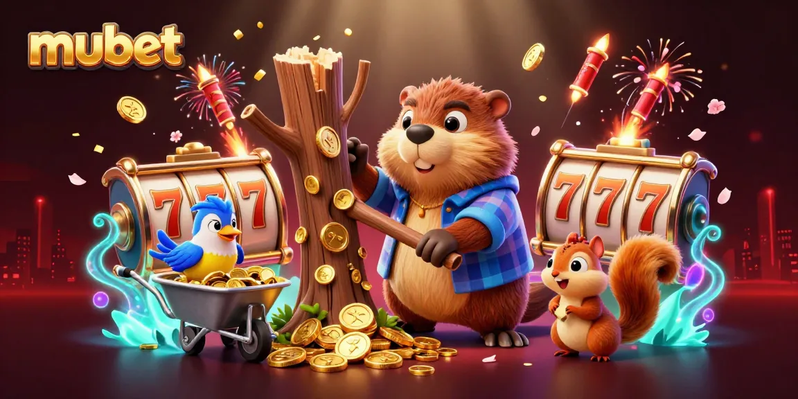 Spin the reels with mubet as a cartoon beaver collects gold coins in a vibrant casino scene.