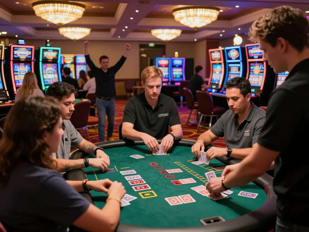 Players enjoying an exciting round of blackjack at a vibrant casino, showcasing xx88's thrilling gaming atmosphere.