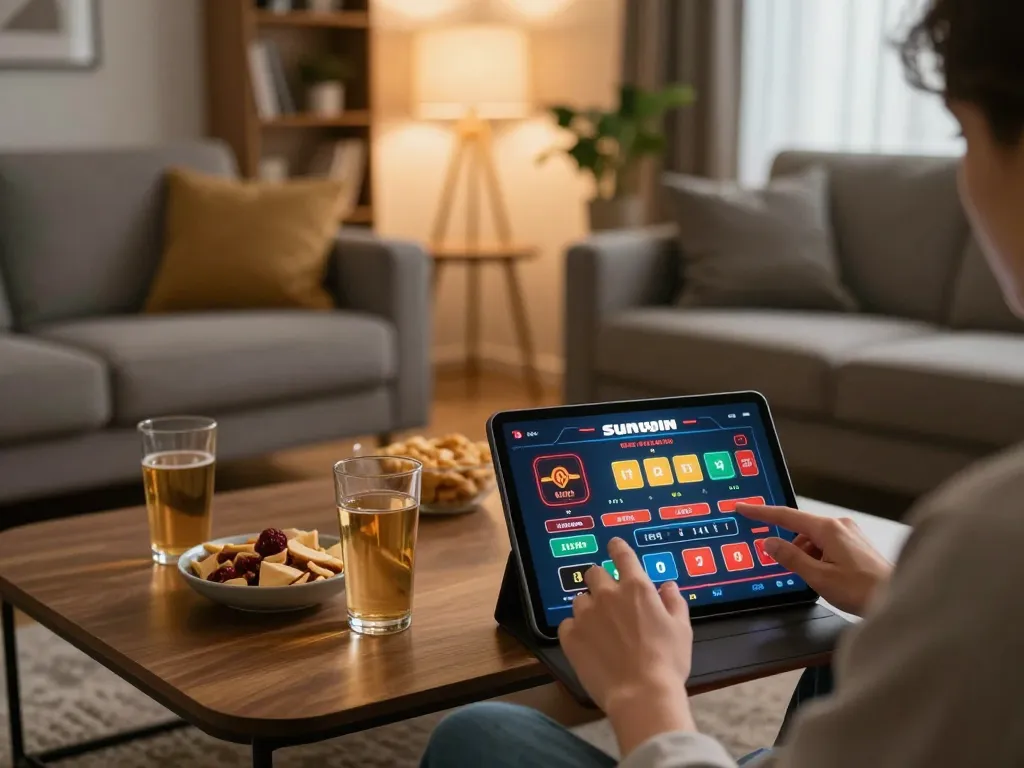 Engaging with sunwin online casino interface on tablet in cozy living room.