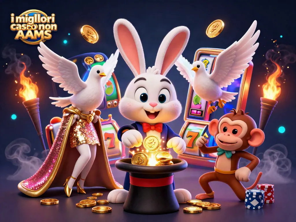 I migliori casino non AAMS: con una scena di un coniglio magico, una colomba elegante e una scimmia dispettosa circondati da slot machine e monete dorate.