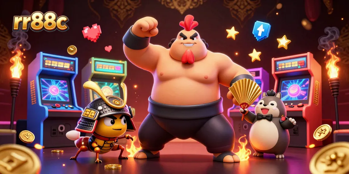 Experience the thrill of rr88c with a powerful sumo rooster and samurai cricket in a dynamic gaming scene.