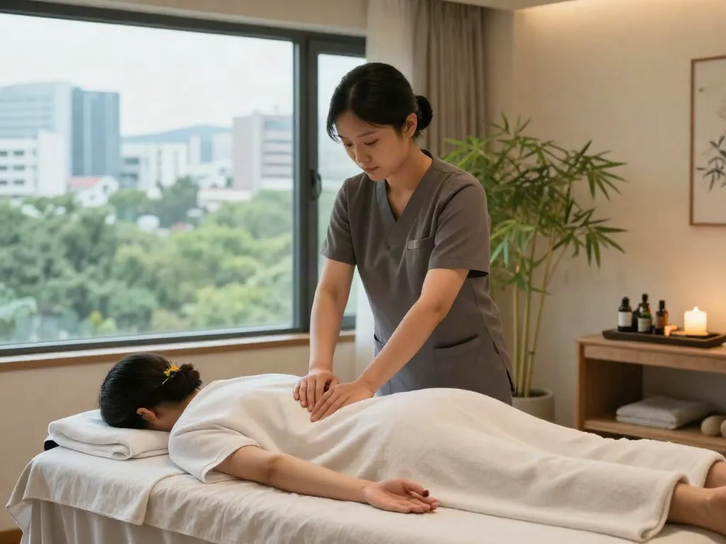Relaxing 서울출장마사지 scene with professional therapist in serene hotel room ambiance.