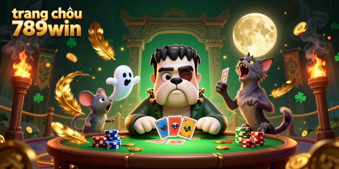 Join the fun at trang chủ 789win with a playful 3D Frankenstein bulldog monster dealing cards at a lively casino table.