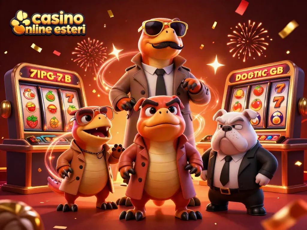 Gioca nei migliori casino online esteri con raptor e un buttafuori, elemento di un'illustrazione vivace.