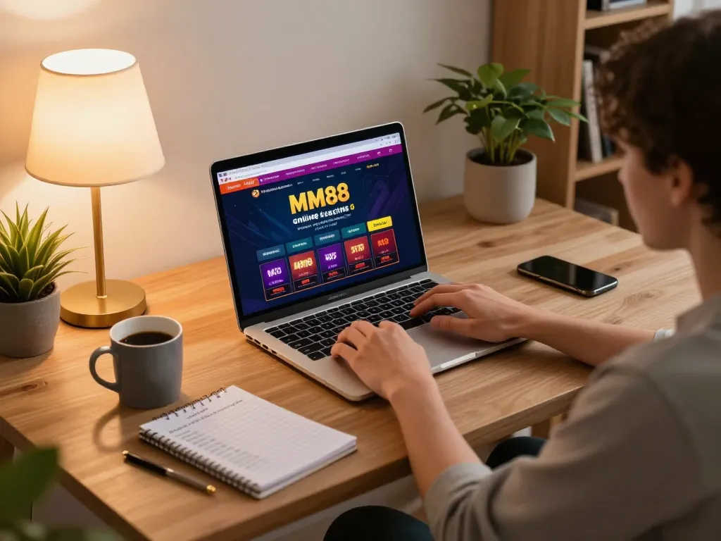 Player engaging with MM88 online casino game, showcasing a laptop setup with strategic notes and warm home lighting.