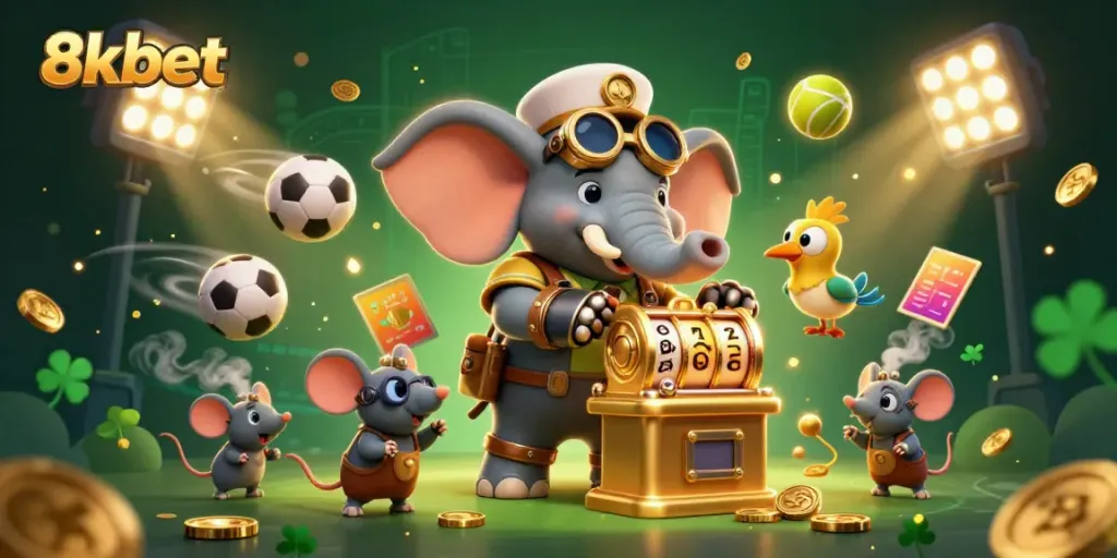 Spin and win with 8xbet in this vibrant steampunk-themed casino illustration featuring dynamic sports and gaming elements.