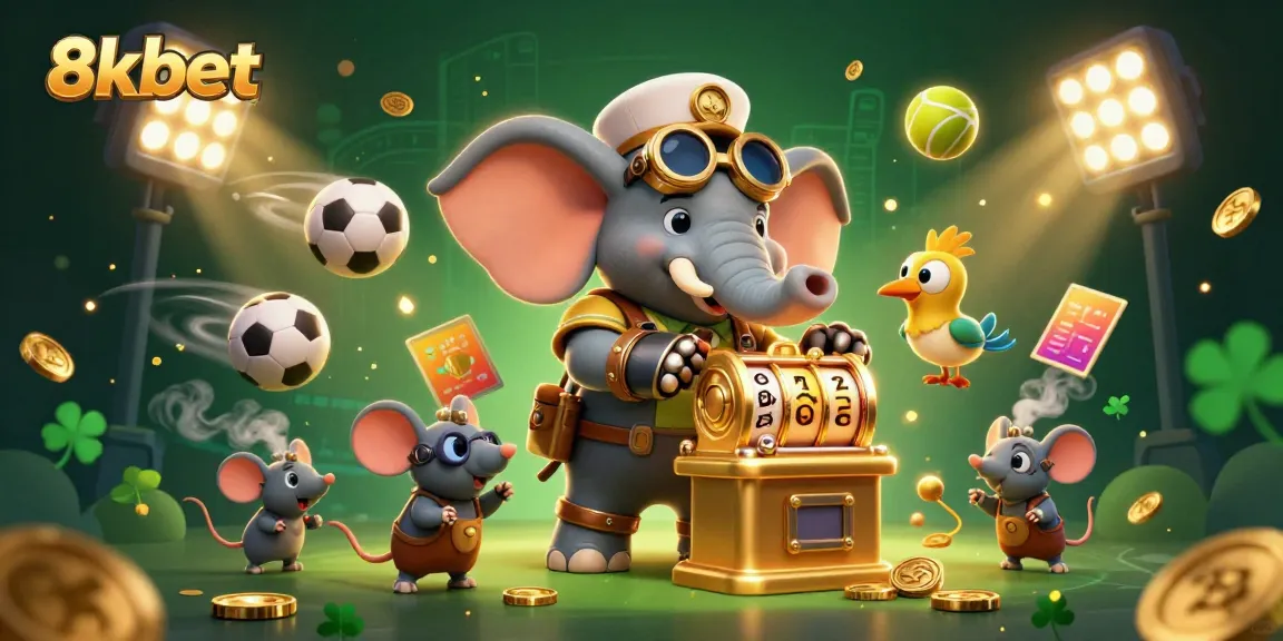 Spin and win with 8xbet in this vibrant steampunk-themed casino illustration featuring dynamic sports and gaming elements.