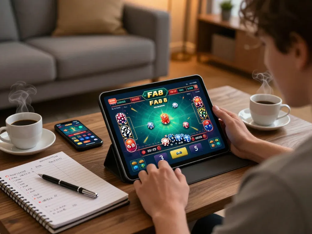 Player exploring FA8 8 online casino game on tablet in cozy home setting.