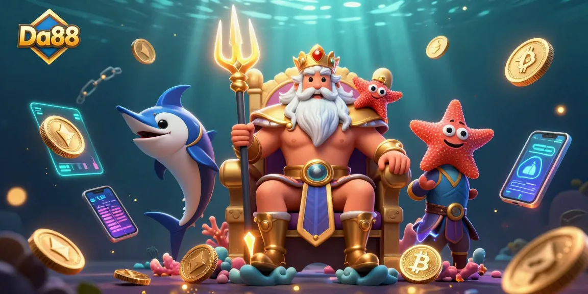 Spin and win at Da88 with a vibrant casino-themed digital illustration featuring Neptune and crypto elements.