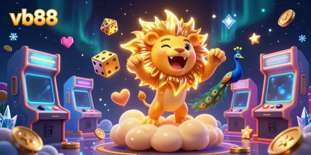 Engage with exciting games at vb88, featuring vibrant characters and dynamic casino elements in an immersive scene.