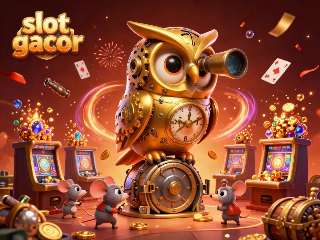 Engage with slot gacor's casino magic featuring a clockwork owl and vibrant energetic scenes.