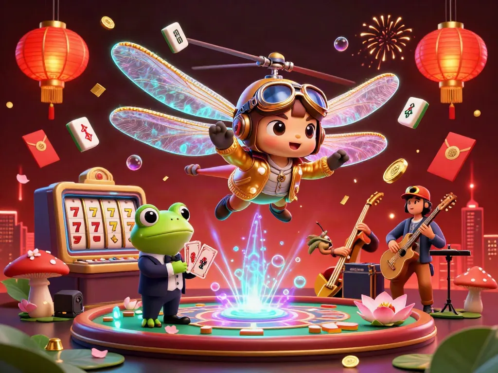 Engage with da88's vibrant slot scene featuring a dragonfly pilot and a frog dealer amidst lively game elements.