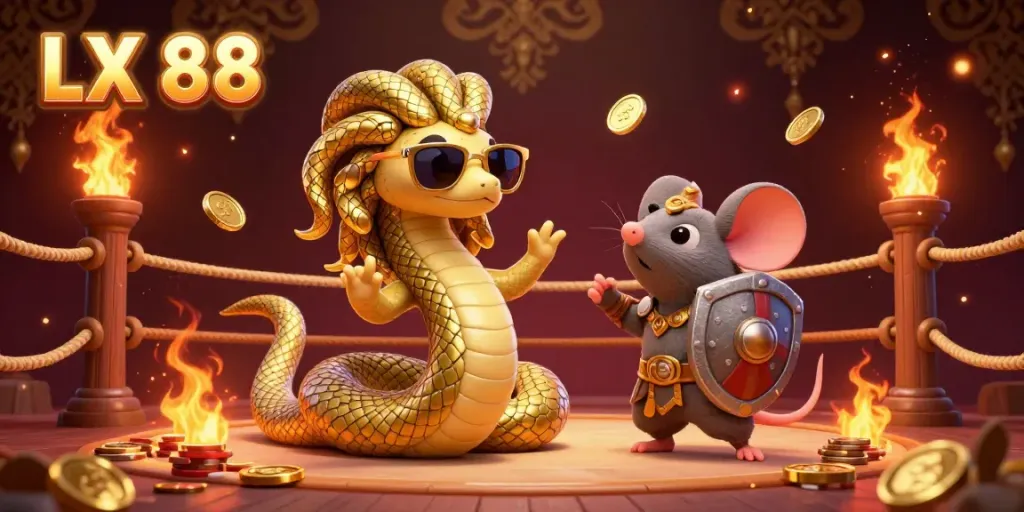 Experience excitement with LX 88 as Medusa and a warrior mouse engage in a vibrant casino-themed arena.