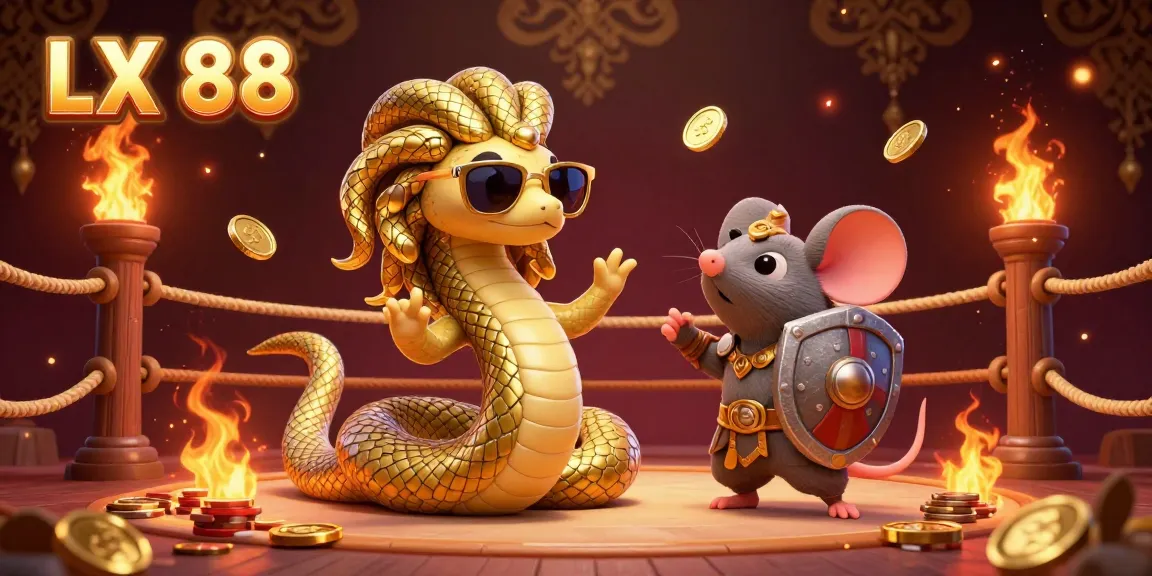 Experience excitement with LX 88 as Medusa and a warrior mouse engage in a vibrant casino-themed arena.