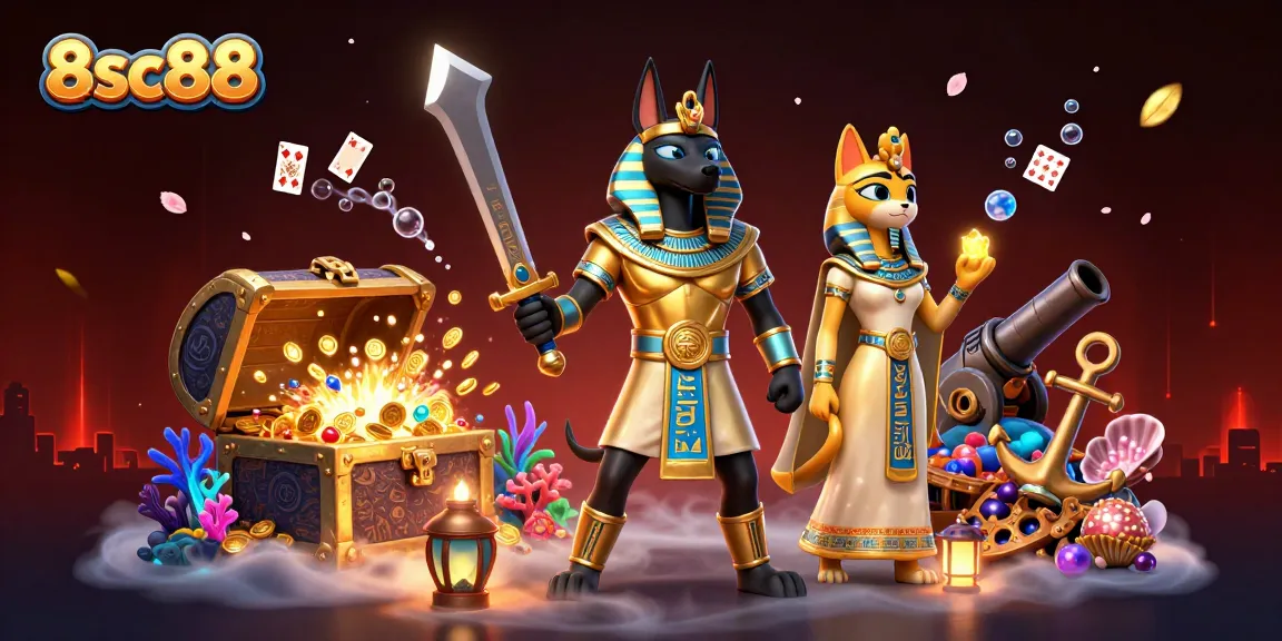 Experience thrilling gameplay at 8sc88 with Anubis and Bastet amidst vibrant casino elements.