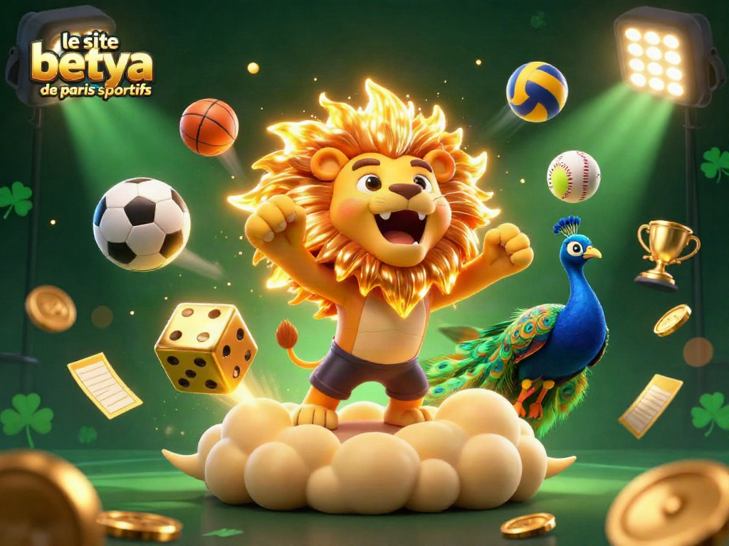 Engage with le site betya de paris sportifs, featuring vibrant sports balls and a dynamic golden trophy amidst a rich 3D casino scene.