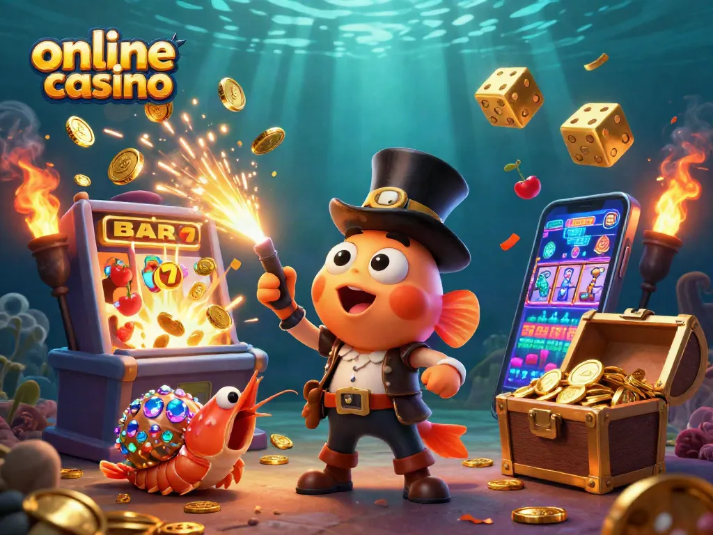 Gana en un casino online mientras juegas con tragamonedas y monedas doradas bajo el mar.