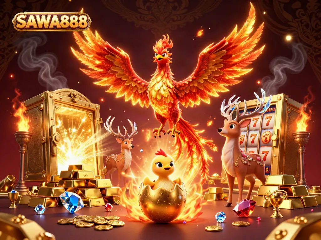 SAWA888 features a dynamic fire phoenix surrounded by gold and slot machine elements in a rich casino scene.