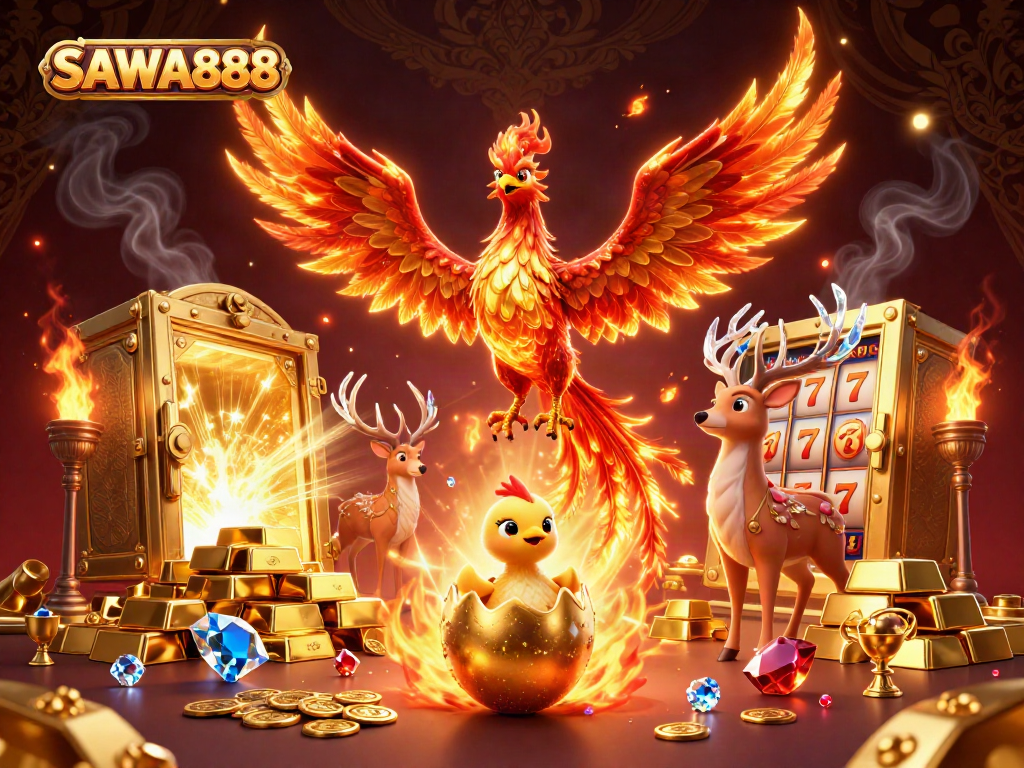 SAWA888 features a dynamic fire phoenix surrounded by gold and slot machine elements in a rich casino scene.