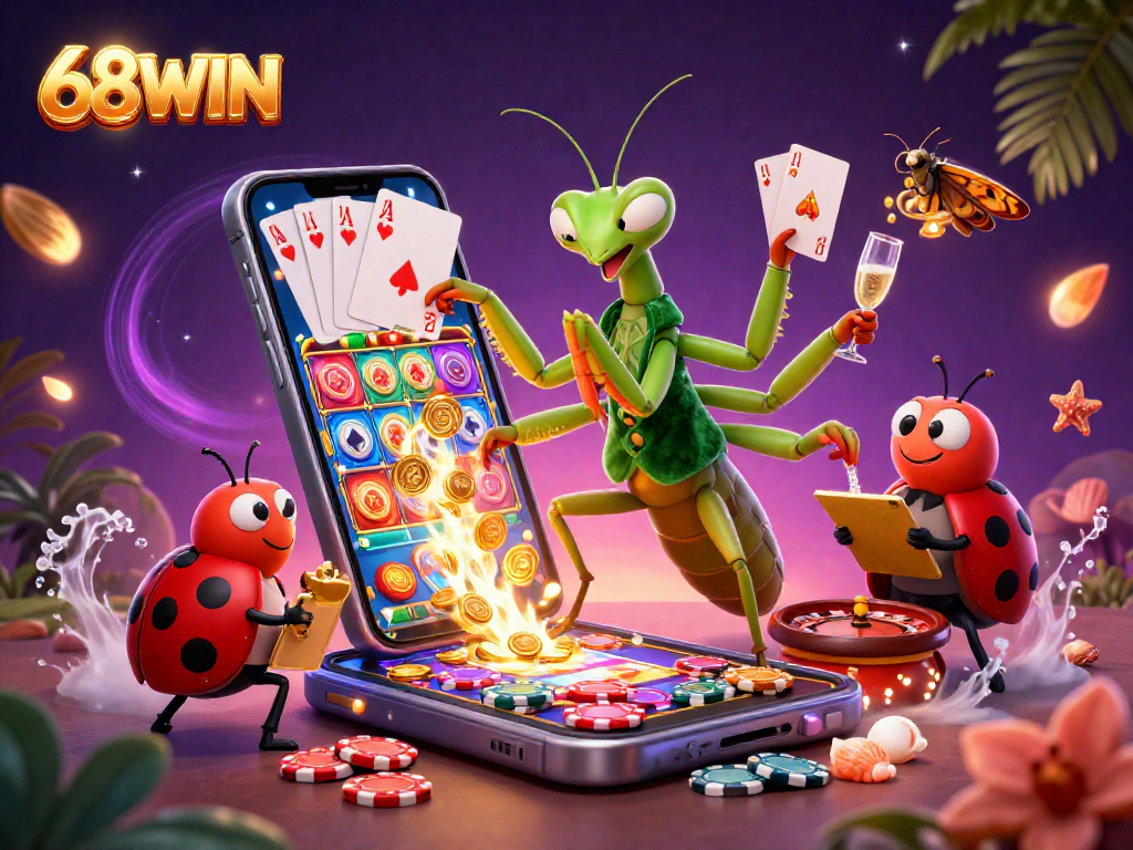 Engage in thrilling gameplay with 68WIN as a giant mantis card sharp deals cards and celebrates with champagne.