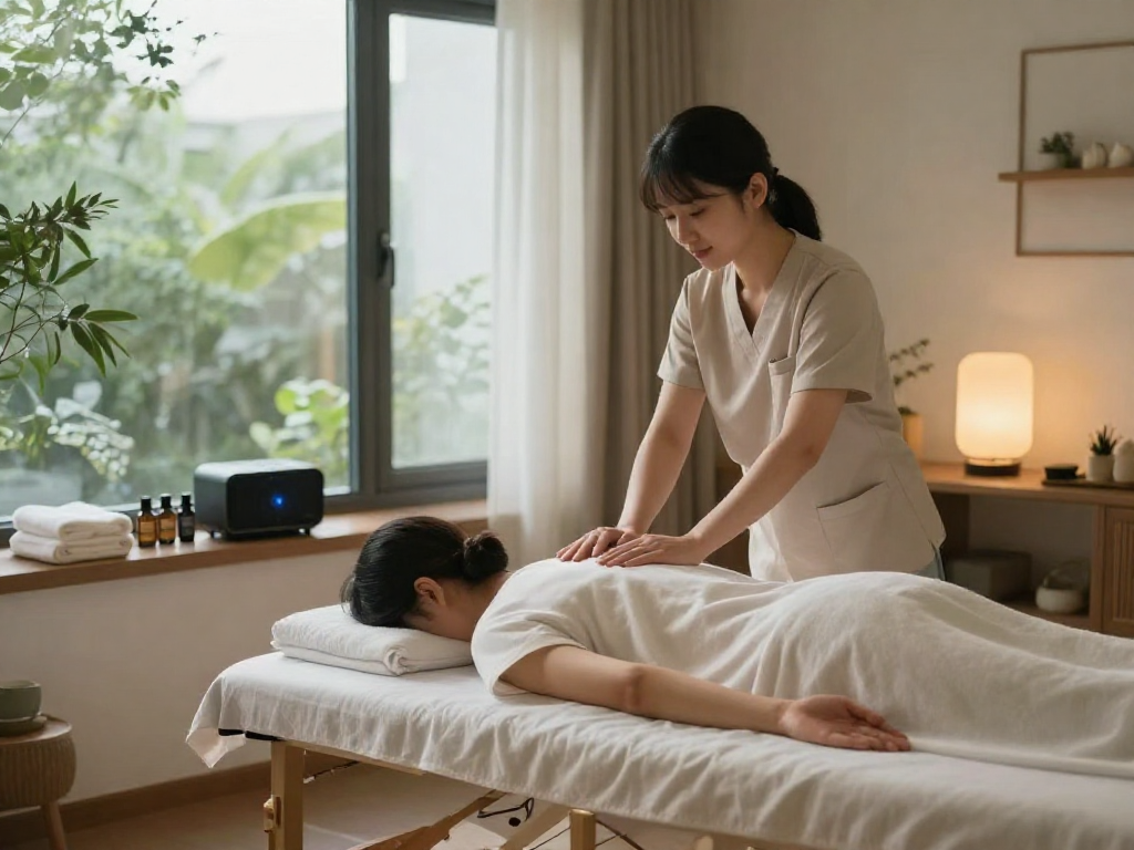 용인출장마사지 scene in a serene home spa setting with a professional therapist.