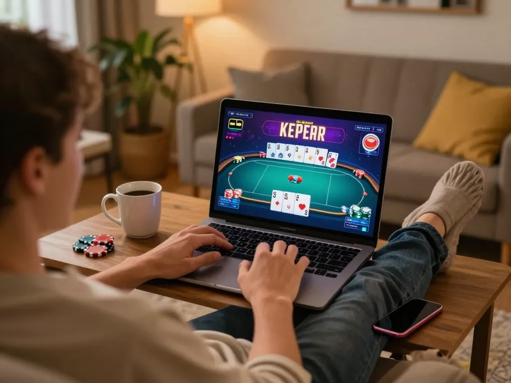 Playing poker online with xx88 in a cozy home setting, showcasing engaging gameplay