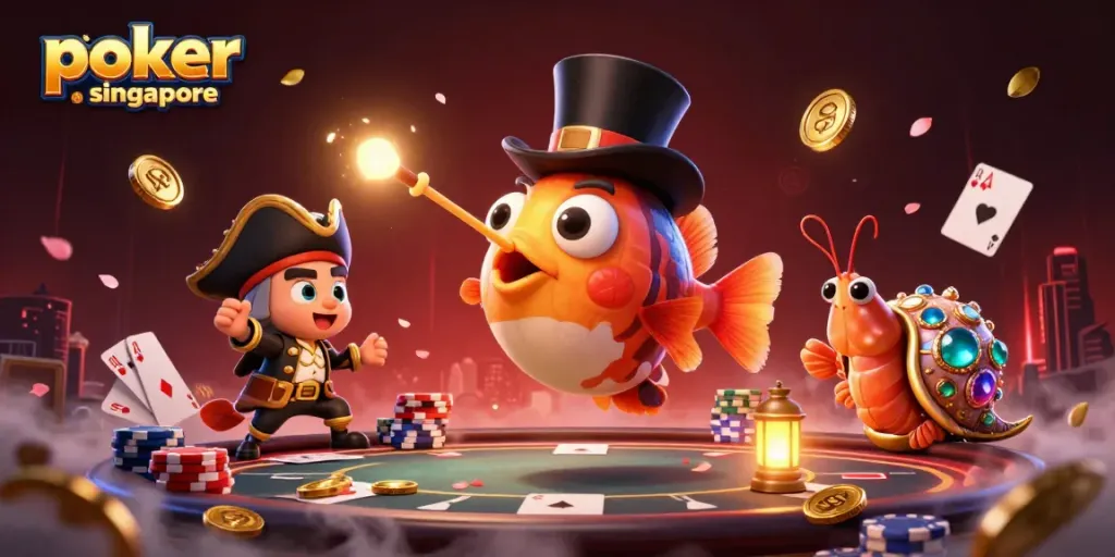 Engage with poker online singapore as vibrant characters attract golden coins at an energetic poker scene.