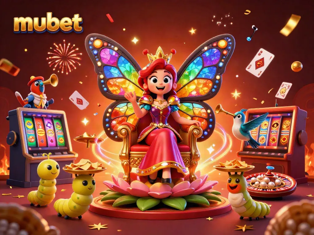 Engaging visual of mubet, illustrated with a butterfly queen, vibrant casino elements, and dynamic gaming atmosphere.