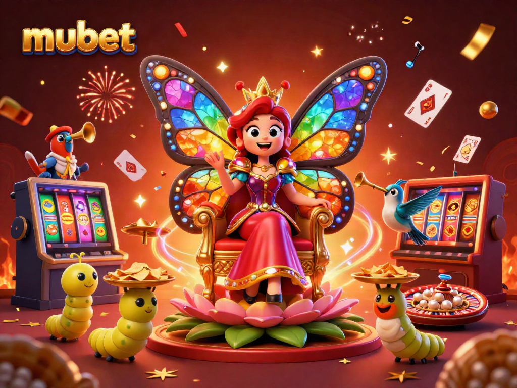 Engaging visual of mubet, illustrated with a butterfly queen, vibrant casino elements, and dynamic gaming atmosphere.