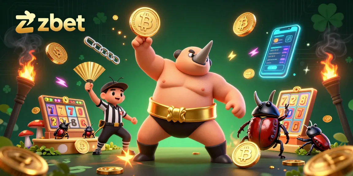 ZBET showcases thrilling wins with a rhinoceros beetle champion in a dynamic casino scene