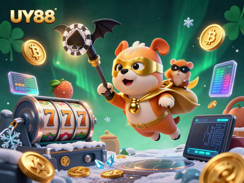 Experience jackpot thrills at UY88 featuring a superhero dog and vibrant casino elements.