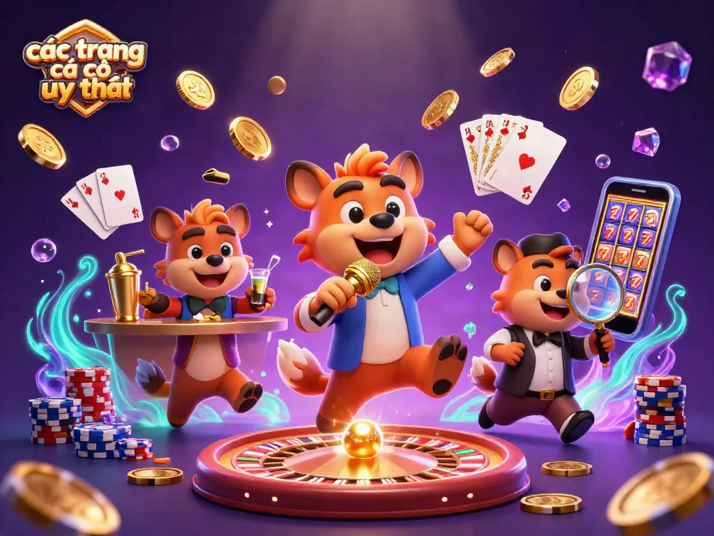 Các trang cá cược uy tín với hình ảnh các nhân vật hài hước diễn xuất trong một câu lạc bộ casino sôi động.