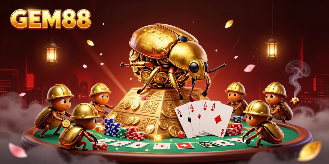 Experience a thrilling GEM88 casino adventure with a golden beetle and poker elements.