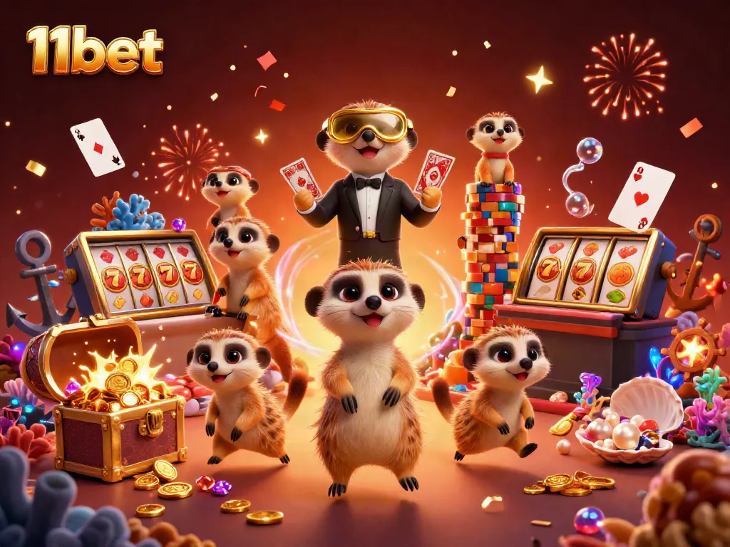 Engaging scene of a 3D meerkat casino operation representing 11bet with vibrant slot elements and festive energy.