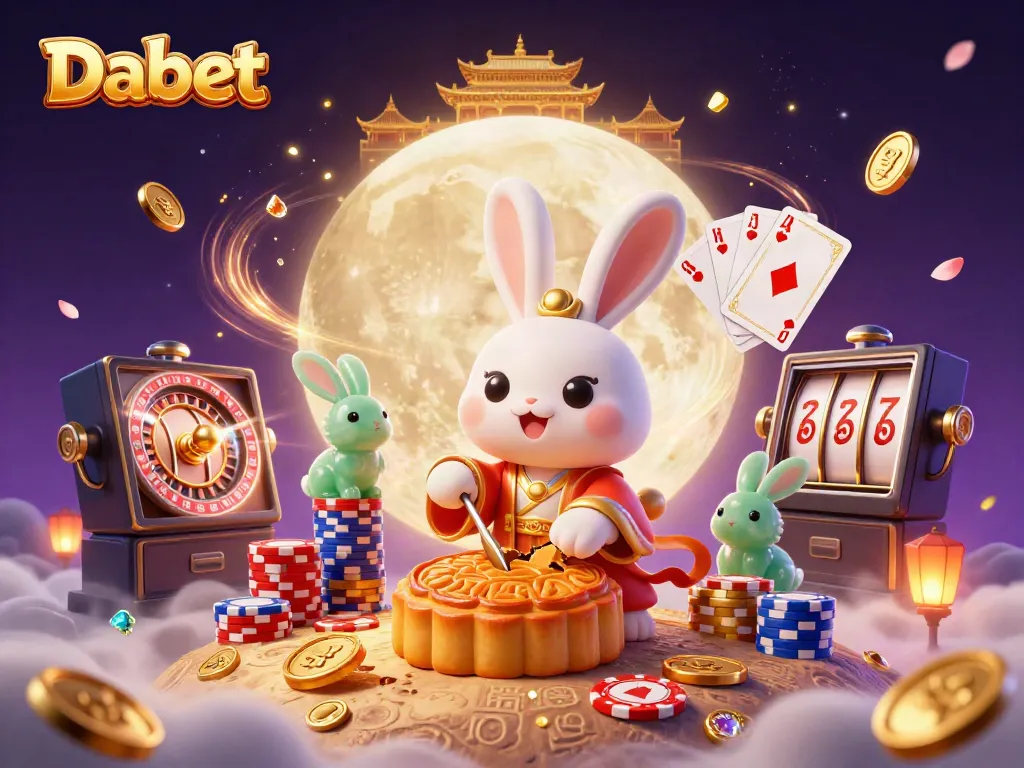 Dabet casino theme with the moon rabbit, poker chips, and colorful gaming elements in a rich 3D illustration.