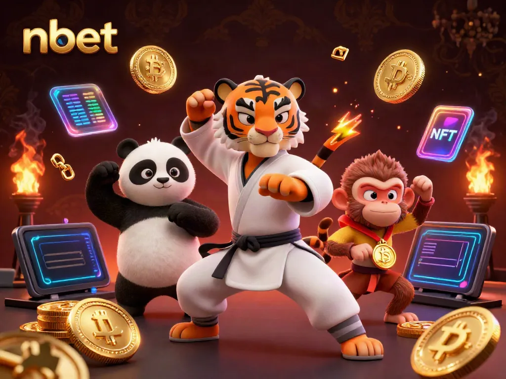 Watch nbet's colorful casino scene featuring a kung fu tiger, panda, and a mischievous monkey amidst glowing crypto coins.