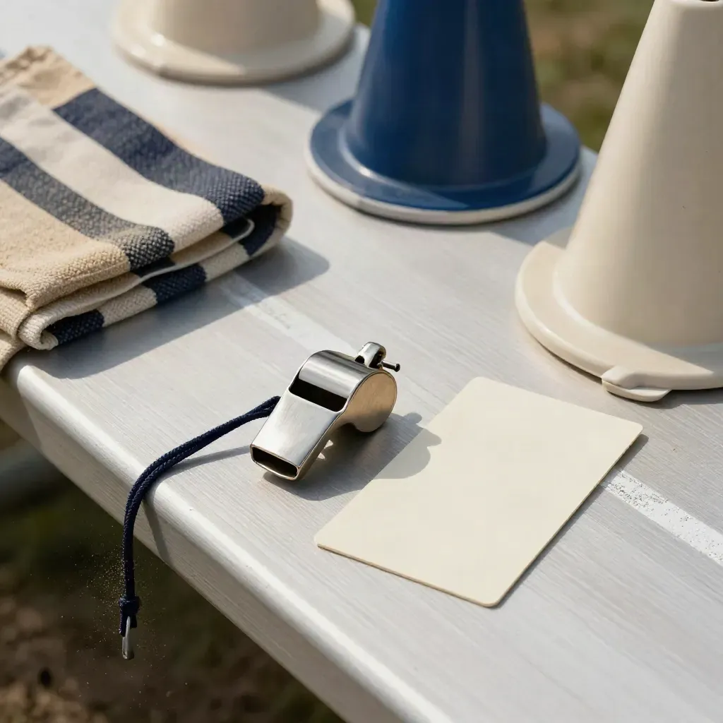 Whistle, blank cards, striped cloth and cones on a sideline bench beside fresh field markings.