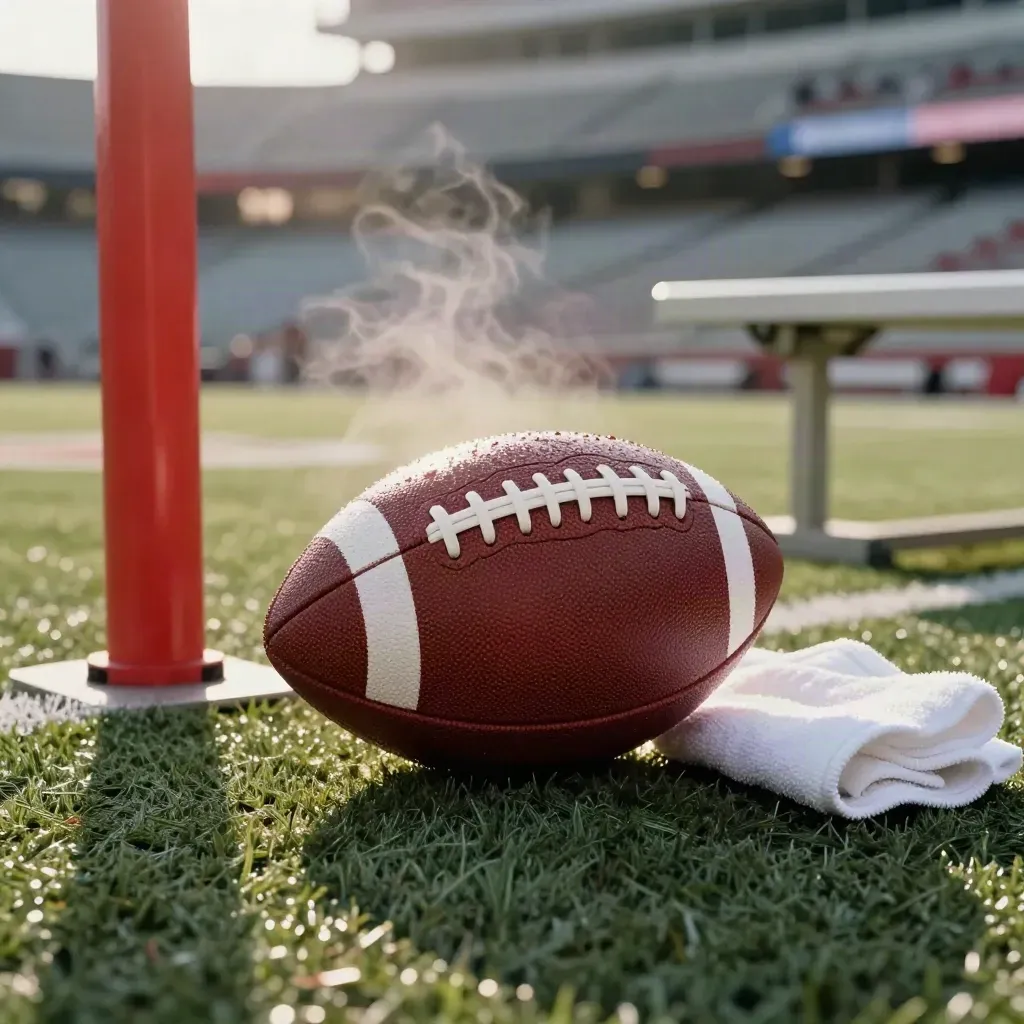 Moist football beside a red pylon and towel on a foggy sideline at sunrise.