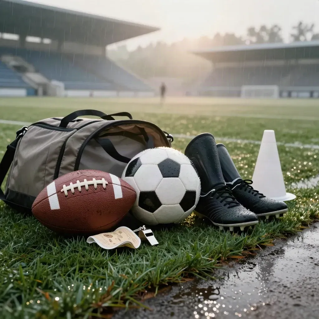 Rainy dawn sports kit on a wet stadium sideline with ball, cleats, whistle, and cone.