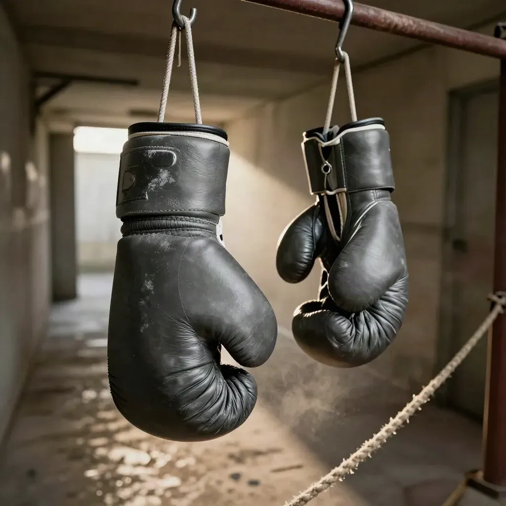 Charcoal boxing gloves sway on hooks in a hazy arena tunnel with chalk dust and silver highlights.