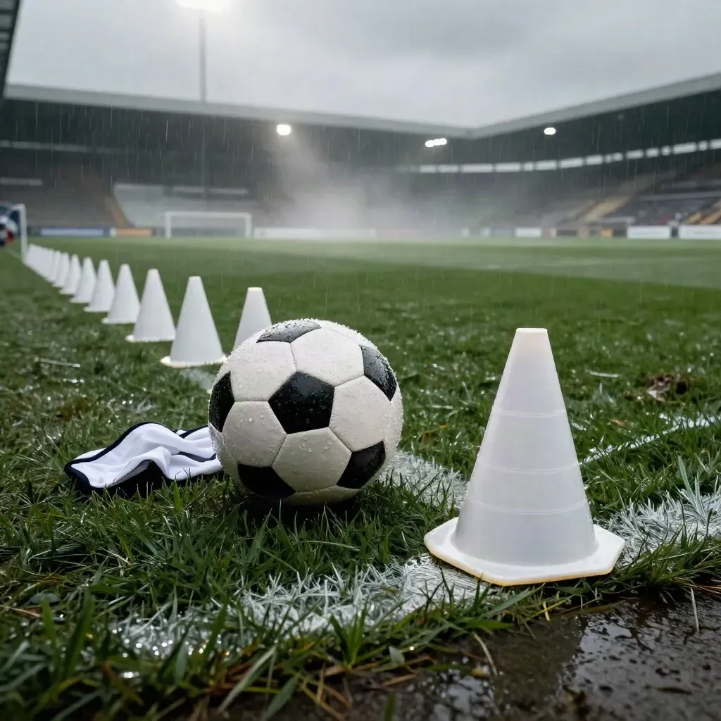 Wet soccer ball rolling by training cones on a rain-soaked touchline at the corner flag.