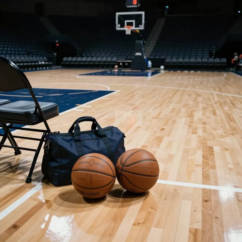 Empty NBA practice court with balls, duffel, chairs and soft arena haze