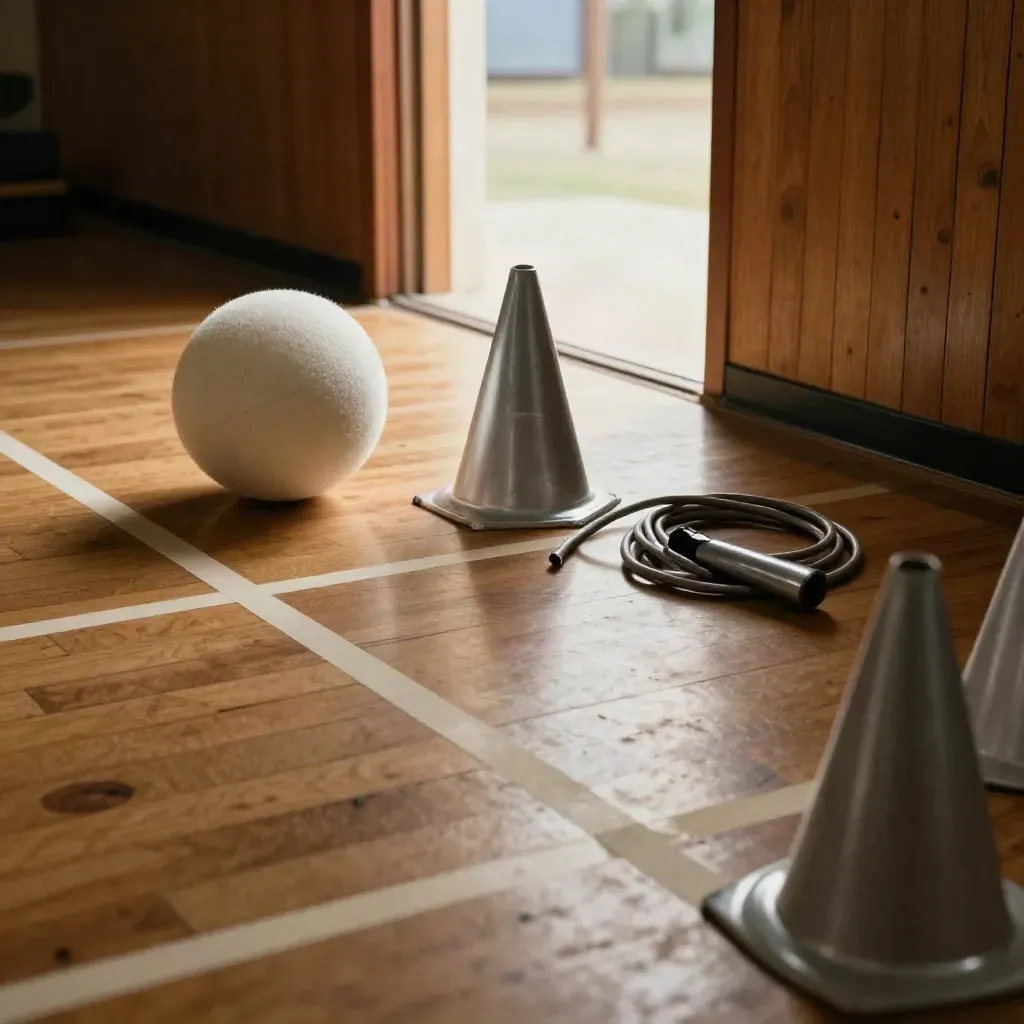 Sports training kit on a school gym floor with warm light and dust in the air