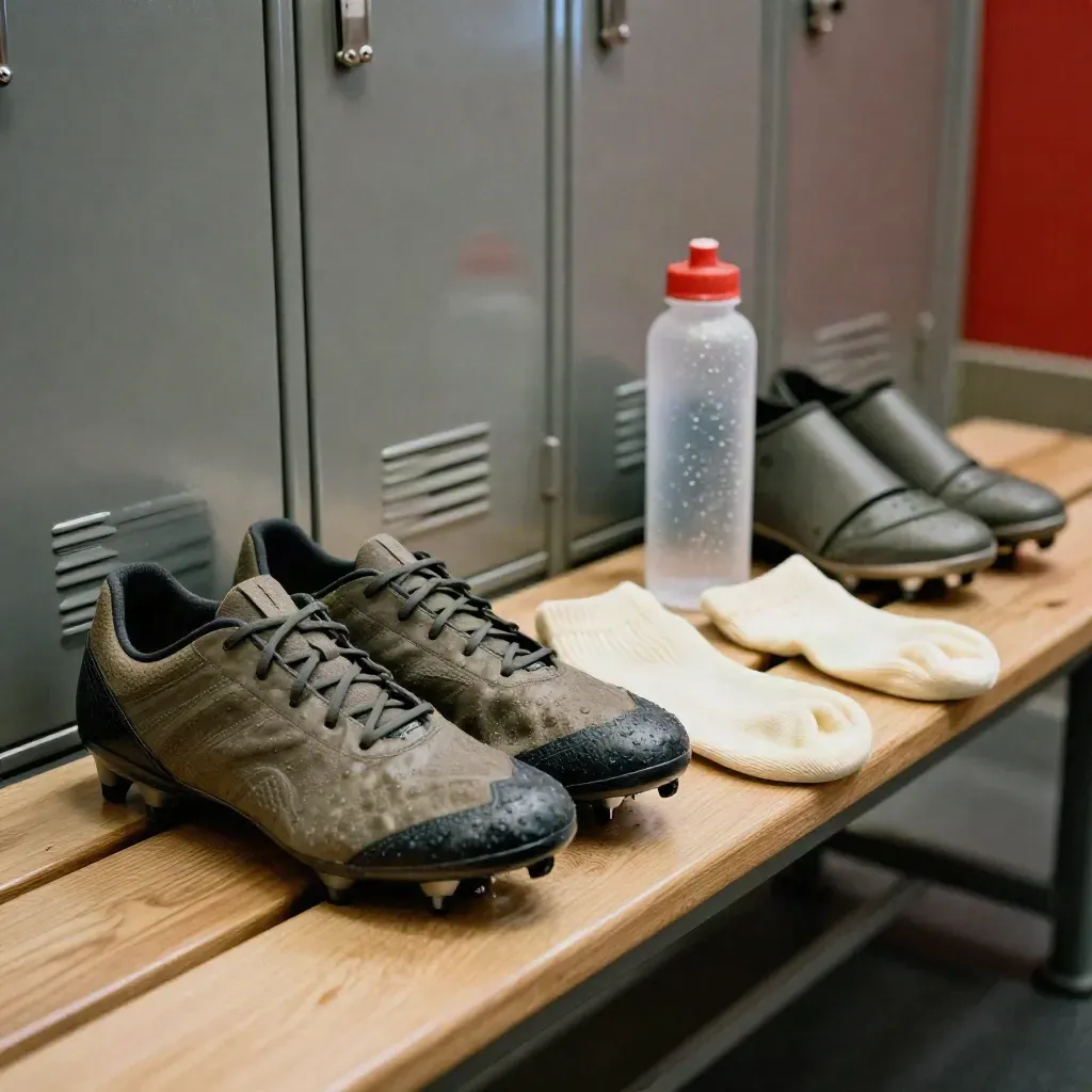 Damp cleats, shin guards, crew socks, and a water bottle lined up on a locker bench.
