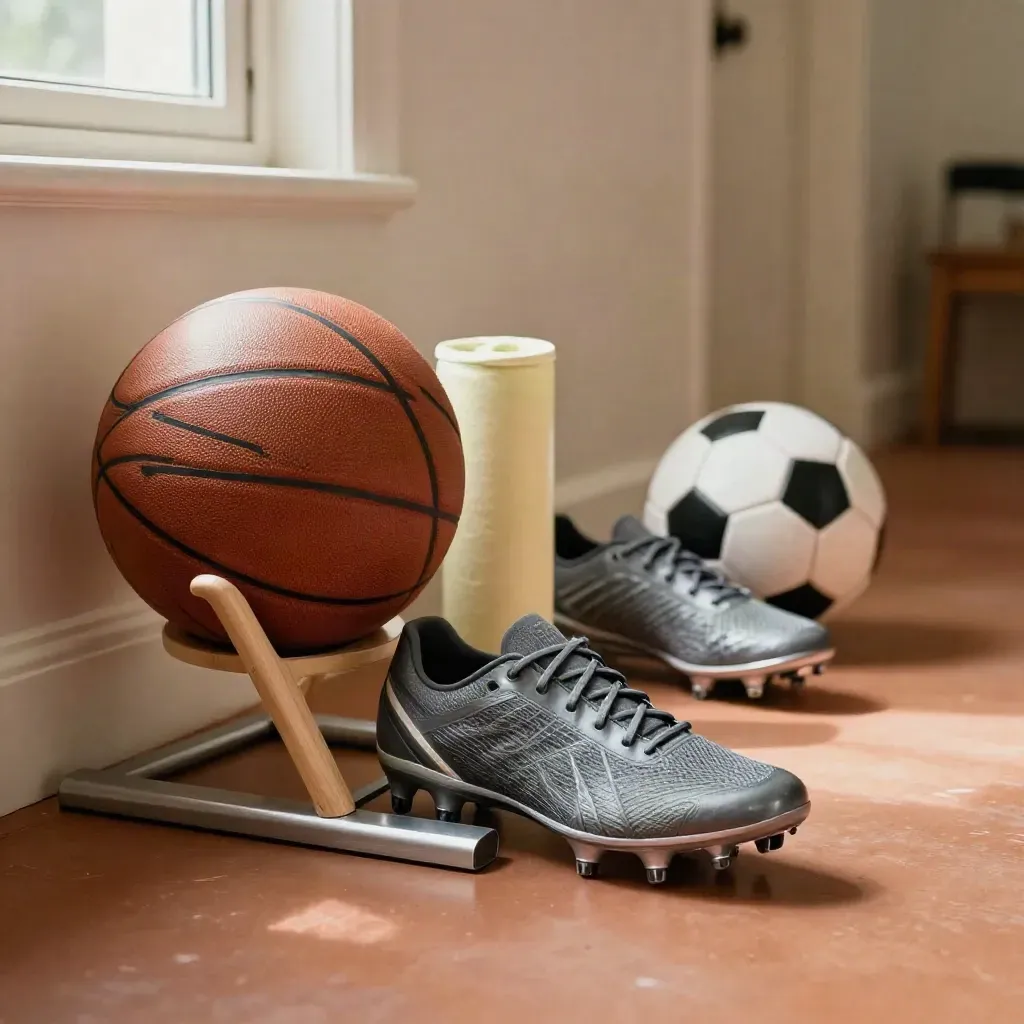 Sports gear on a terracotta floor: basketball, tennis balls, spikes, and a soccer ball.